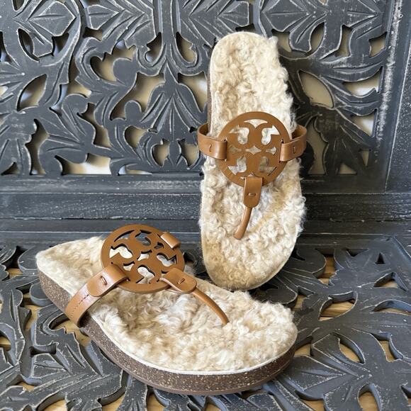 Tory Burch Miller Cloud Shearling Sandals Women’s 7.5 Tan Leather Logo Thong - Picture 1 of 10